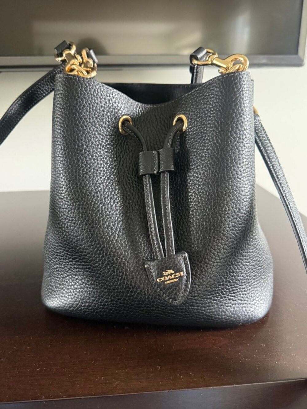 Coach Black Pebbled Leather Drawstring Crossbody Bag with Gold Hardware